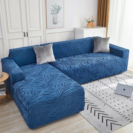 Navy Blue Zebra Velvet Style L-Shaped Sofa Cover
